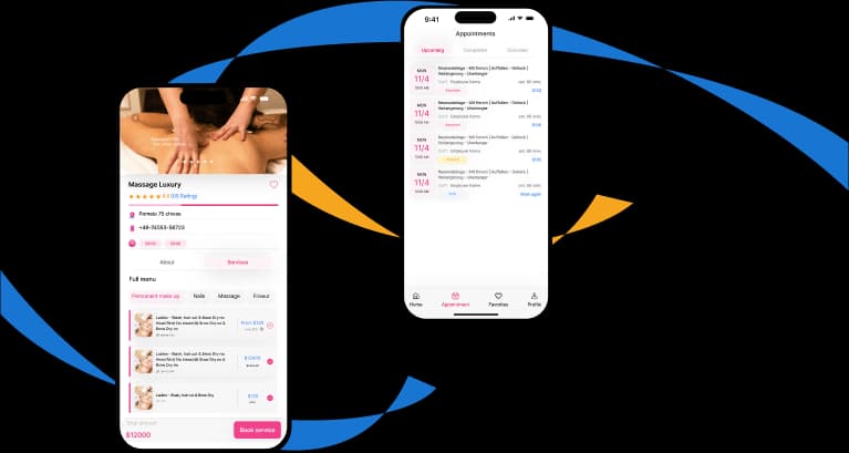 TOP1 customer app on two phones — salon page and upcoming appointments