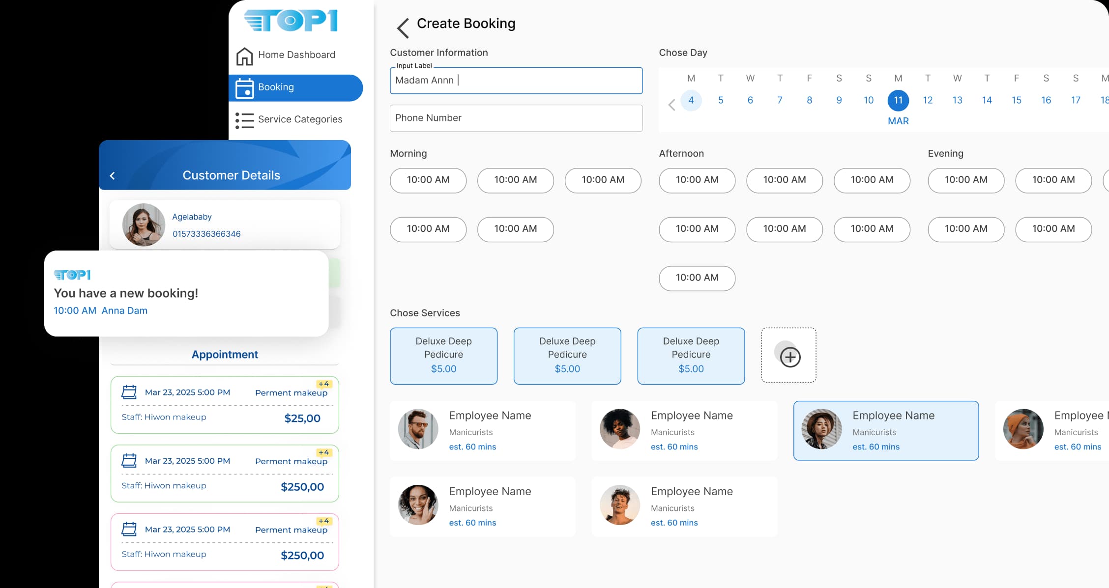 TOP1 salon admin app — create booking screen with calendar, services and staff